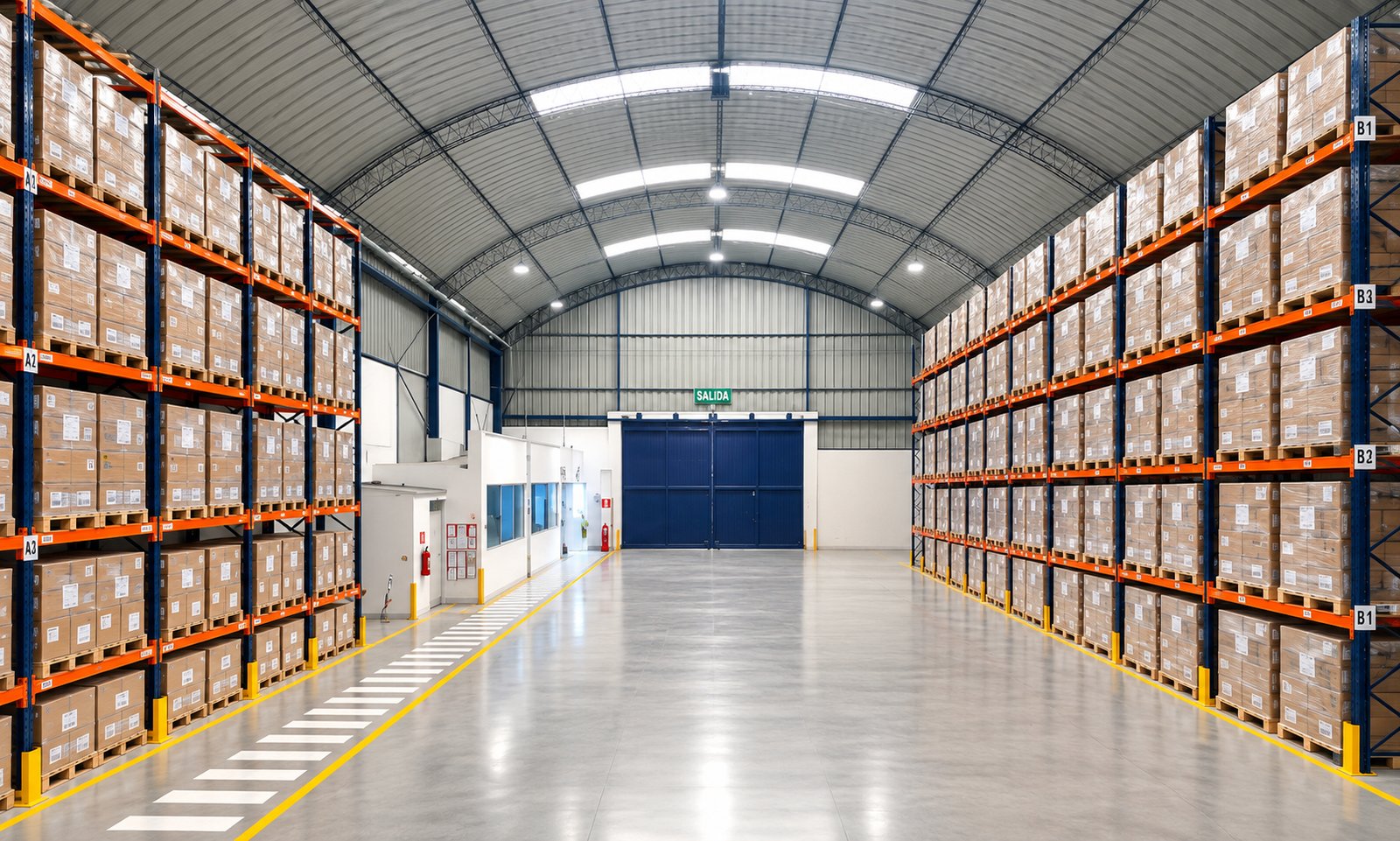 Almacén de la planta CIANSE con racks de almacenamiento a ambos lados